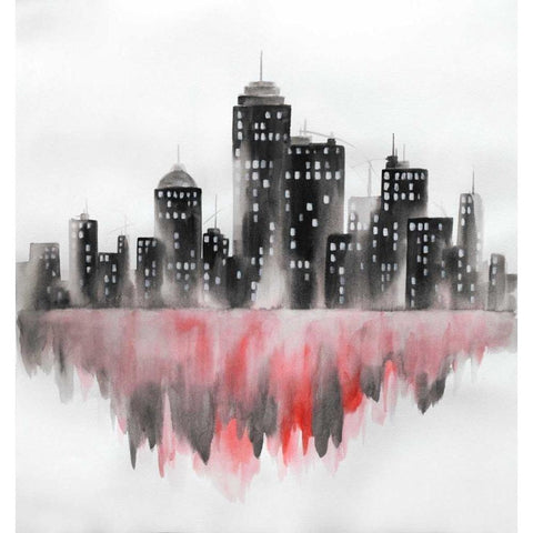 Red Watercolor Cityscape Black Modern Wood Framed Art Print with Double Matting by Atelier B Art Studio