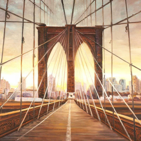 Sunset on the Brooklyn Bridge Black Modern Wood Framed Art Print with Double Matting by Atelier B Art Studio
