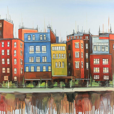 Boston Colorful Buildings White Modern Wood Framed Art Print with Double Matting by Atelier B Art Studio