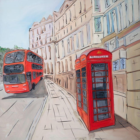 LONDON BUS AND TELEPHONE BOOTH  Black Ornate Wood Framed Art Print with Double Matting by Atelier B Art Studio