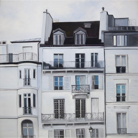 BUILDINGS ALONG THE SEINE RIVER White Modern Wood Framed Art Print by Atelier B Art Studio