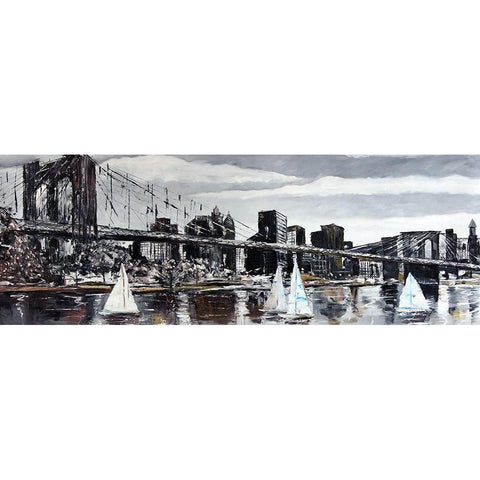 BROOKLYN BRIDGE WITH SAILBOATS Black Modern Wood Framed Art Print with Double Matting by Atelier B Art Studio