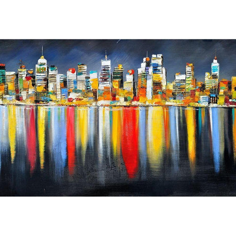 COLORFUL REFLECTION OF A CITYSCAPE BY NIGHT Black Modern Wood Framed Art Print with Double Matting by Atelier B Art Studio