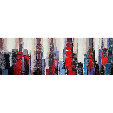 ABSTRACT RED AND BLUE BUILDINGS Gold Ornate Wood Framed Art Print with Double Matting by Atelier B Art Studio