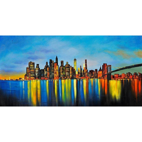 CITY BY NIGHT WITH A BRIDGE Black Modern Wood Framed Art Print with Double Matting by Atelier B Art Studio