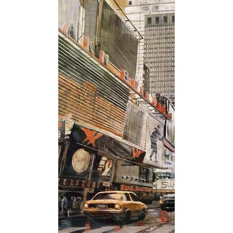 STREET VIEW WITH YELLOW TAXI White Modern Wood Framed Art Print by Atelier B Art Studio