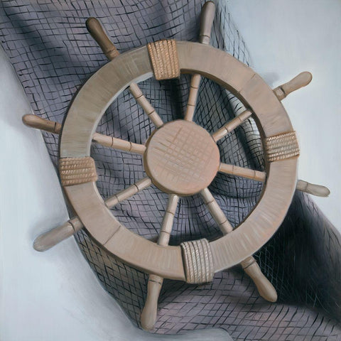 HELM ON A FISHING NET White Modern Wood Framed Art Print by Atelier B Art Studio