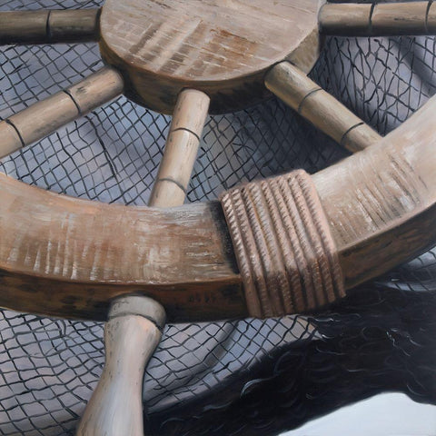 HELM ON A FISHING NET CLOSEUP White Modern Wood Framed Art Print by Atelier B Art Studio