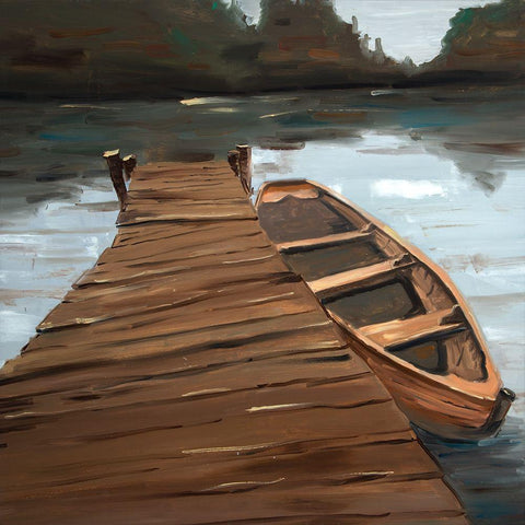 LAKE, DOCK AND BOAT Black Modern Wood Framed Art Print with Double Matting by Atelier B Art Studio