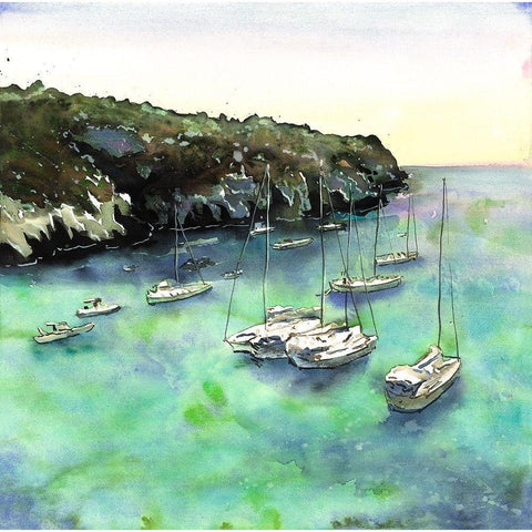 BOATS IN CALA MACARELLA White Modern Wood Framed Art Print by Atelier B Art Studio