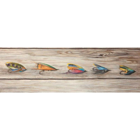 Fishing Flies with Wood Background White Modern Wood Framed Art Print by Atelier B Art Studio