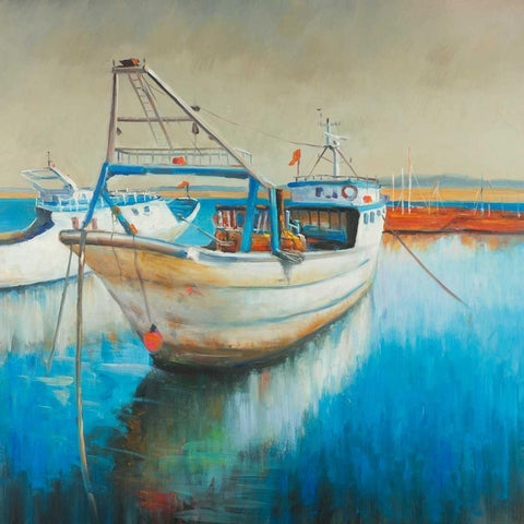 Fishing Boat White Modern Wood Framed Art Print with Double Matting by Atelier B Art Studio