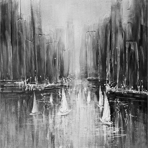 Grayscale boats on the water White Modern Wood Framed Art Print by Atelier B Art Studio