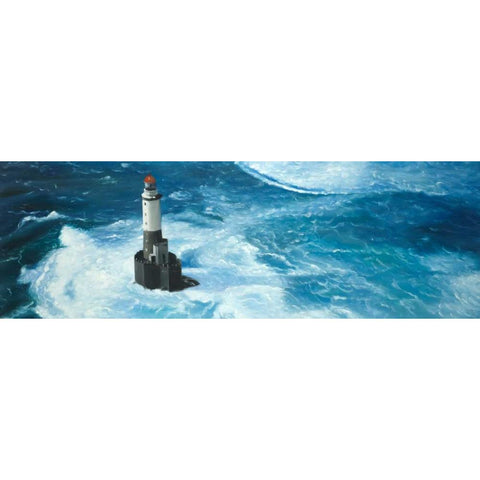 Surfing Waves on a Lighthouse Gold Ornate Wood Framed Art Print with Double Matting by Atelier B Art Studio