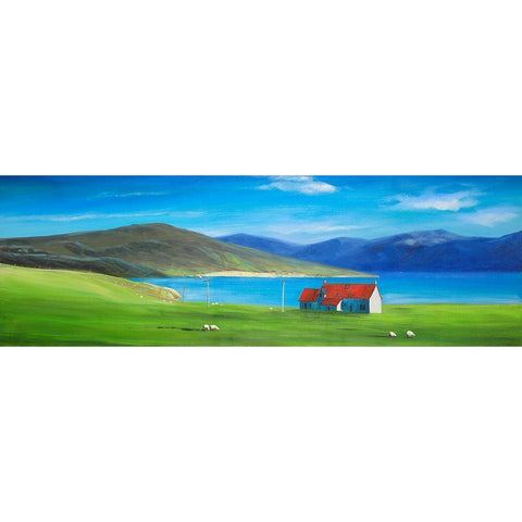 Scottish Highlands with a Little Red Roof House White Modern Wood Framed Art Print by Atelier B Art Studio