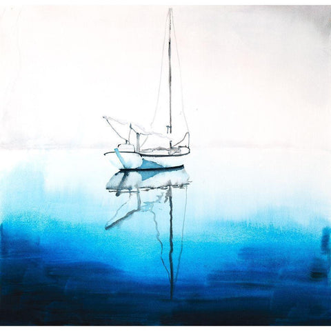 WHITE BOAT ON A DEEP BLUE WATER White Modern Wood Framed Art Print by Atelier B Art Studio