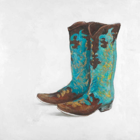 Blue Cowboy Boots Gold Ornate Wood Framed Art Print with Double Matting by Atelier B Art Studio