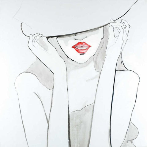 Woman with Big Hat White Modern Wood Framed Art Print with Double Matting by Atelier B Art Studio