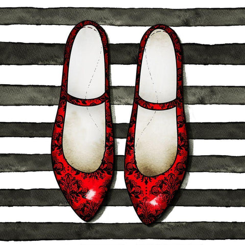 RED GLOSSY SHOES ON STRIPED BACKGROUND Black Ornate Wood Framed Art Print with Double Matting by Atelier B Art Studio