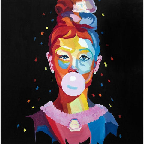 COLORFUL WOMAN PORTRAIT WITH BUBBLEGUM Black Modern Wood Framed Art Print with Double Matting by Atelier B Art Studio