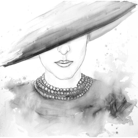 MYSTERIOUS LADY WITH A HAT SKETCH White Modern Wood Framed Art Print by Atelier B Art Studio