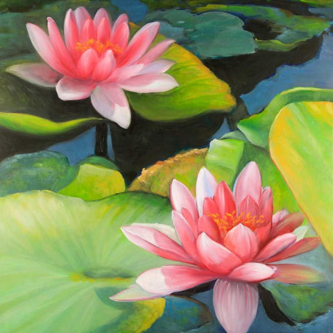 Water Lilies and Lotus Flowers White Modern Wood Framed Art Print with Double Matting by Atelier B Art Studio