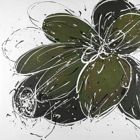 Flower with Paint Splash Outlines White Modern Wood Framed Art Print with Double Matting by Atelier B Art Studio