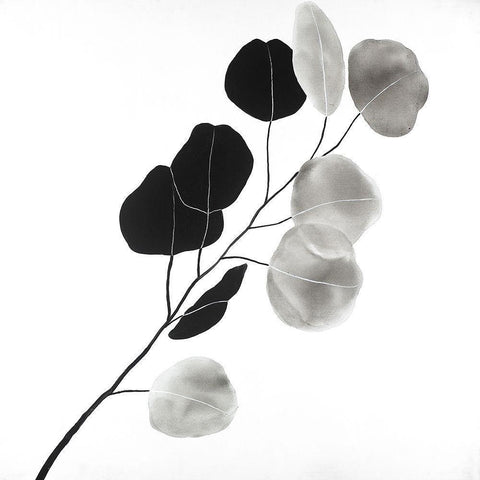 Grayscale Branch with Round Shape Leaves White Modern Wood Framed Art Print by Atelier B Art Studio