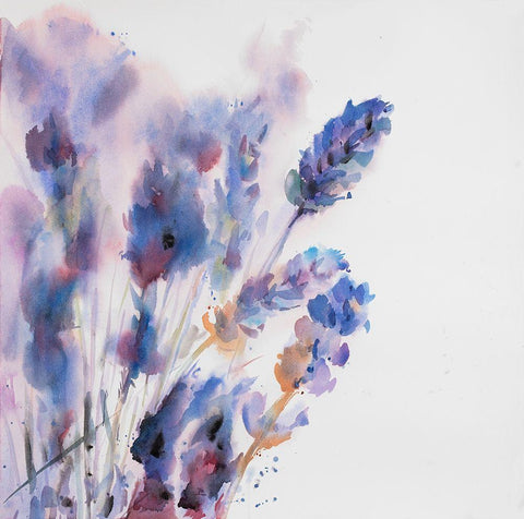 Watercolor Lavender Flowers with Blur Effect White Modern Wood Framed Art Print with Double Matting by Atelier B Art Studio