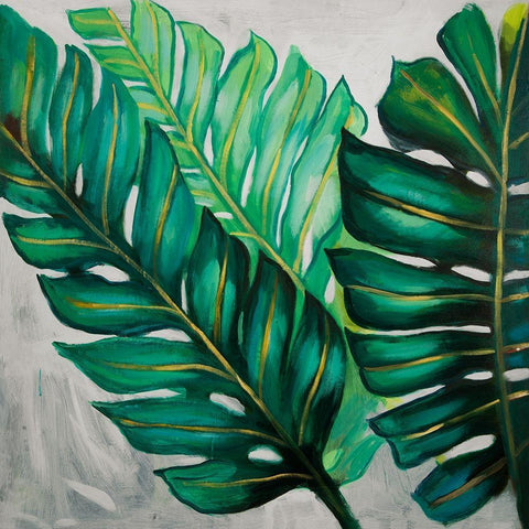 THREE BIG EXOTIC PLANT LEAVES Black Ornate Wood Framed Art Print with Double Matting by Atelier B Art Studio