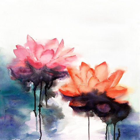 WATERCOLOR LOTUS FLOWERS Black Modern Wood Framed Art Print with Double Matting by Atelier B Art Studio