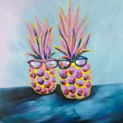 FUNNY PINEAPPLES WITH SUNGLASSES White Modern Wood Framed Art Print with Double Matting by Atelier B Art Studio