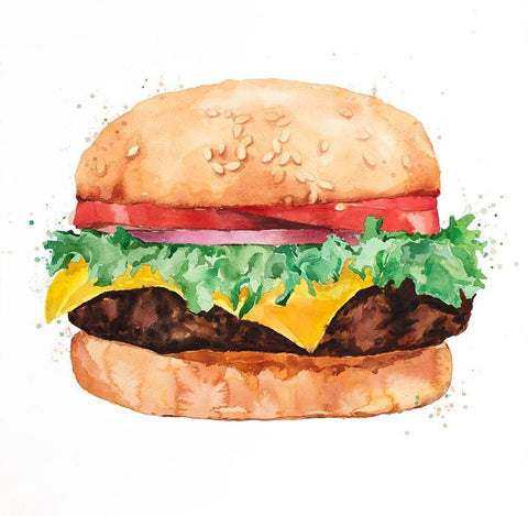 Watercolor All Dressed Cheeseburger White Modern Wood Framed Art Print with Double Matting by Atelier B Art Studio