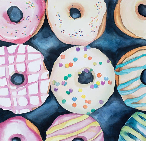 Watercolor Delicious Looking Doughtnuts White Modern Wood Framed Art Print with Double Matting by Atelier B Art Studio