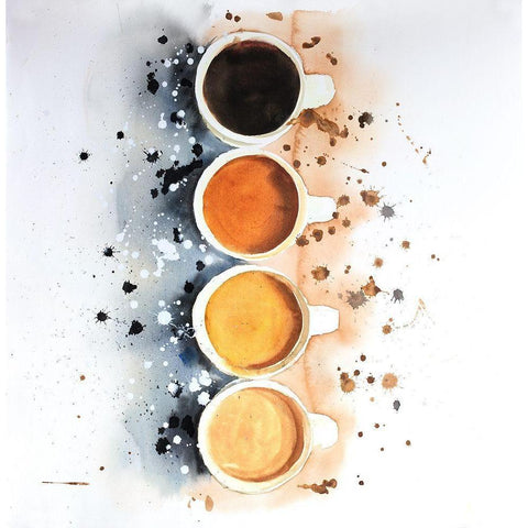 FOUR CUPS OF COFFEE WITH PAINT SPLASH White Modern Wood Framed Art Print by Atelier B Art Studio