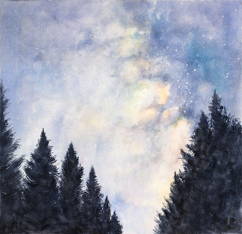 STARRY SKY IN A DARK FOREST White Modern Wood Framed Art Print with Double Matting by Atelier B Art Studio