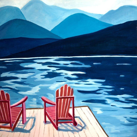 LAKE, DOCK, MOUNTAINS and CHAIRS Black Modern Wood Framed Art Print with Double Matting by Atelier B Art Studio