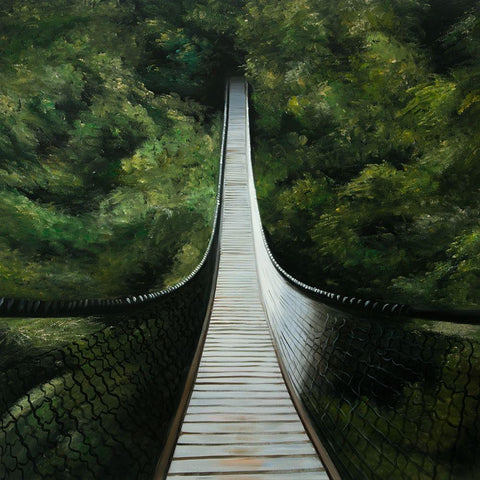 SUSPENDED BRIDGE IN THE FOREST White Modern Wood Framed Art Print with Double Matting by Atelier B Art Studio