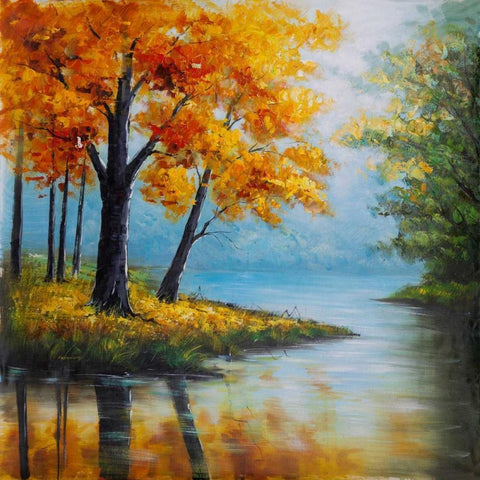 Fall Trees at the Waters Edge Gold Ornate Wood Framed Art Print with Double Matting by Atelier B Art Studio