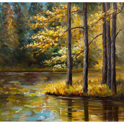 FALL LANDSCAPE BY THE WATER Gold Ornate Wood Framed Art Print with Double Matting by Atelier B Art Studio