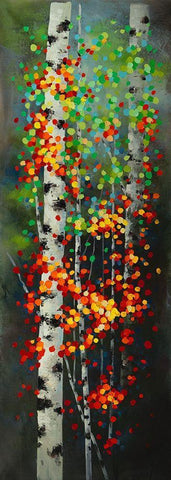 COLORFUL DOTTED LEAVES BIRCHES Black Ornate Wood Framed Art Print with Double Matting by Atelier B Art Studio