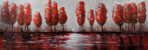 RED TREES BY THE LAKE White Modern Wood Framed Art Print with Double Matting by Atelier B Art Studio