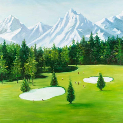 Golf Course with Mountains View Gold Ornate Wood Framed Art Print with Double Matting by Atelier B Art Studio