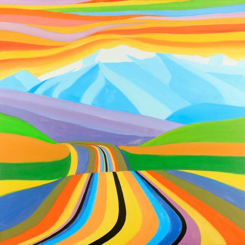 Mountain Road Multicolored White Modern Wood Framed Art Print by Atelier B Art Studio