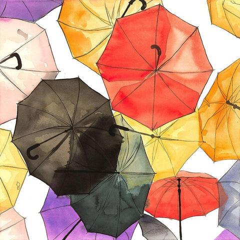 SUSPENDED UMBRELLAS White Modern Wood Framed Art Print by Atelier B Art Studio