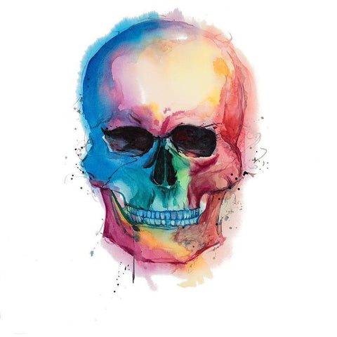 Watercolor Colorful Skull Black Modern Wood Framed Art Print with Double Matting by Atelier B Art Studio