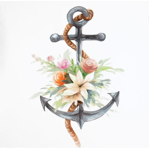 ANCHOR WITH FLOWERS Black Modern Wood Framed Art Print with Double Matting by Atelier B Art Studio