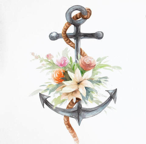 ANCHOR WITH FLOWERS Black Ornate Wood Framed Art Print with Double Matting by Atelier B Art Studio