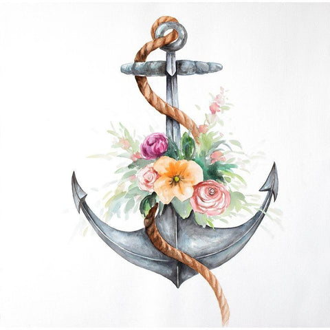 BOAT ANCHOR WITH FLOWERS White Modern Wood Framed Art Print by Atelier B Art Studio