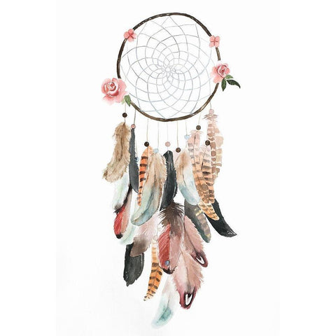 CIRCULAR DREAM CATCHER WITH ROSES AND FEATHERS White Modern Wood Framed Art Print by Atelier B Art Studio